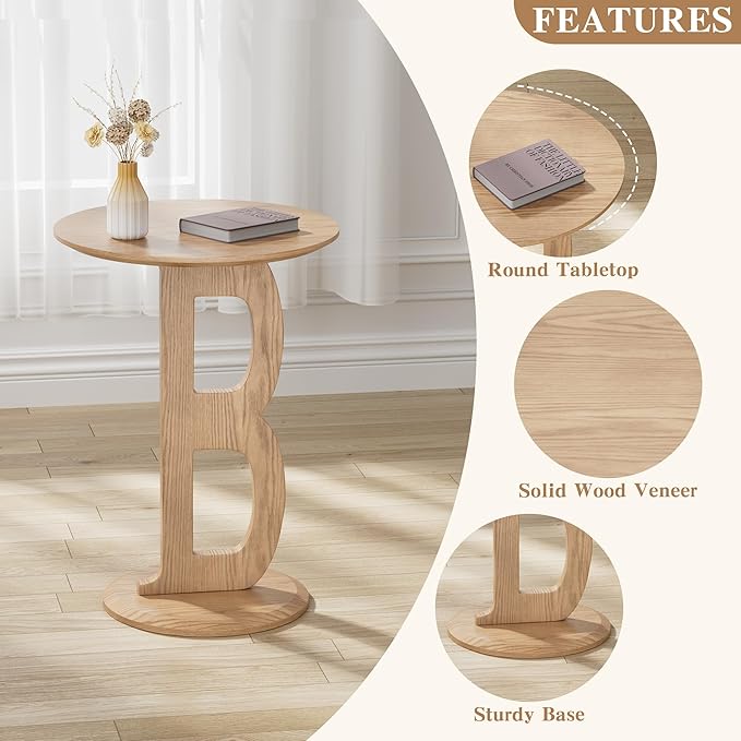 Aoligrace Round Side Table, Modern End Table with Letter B Leg, Wooden Accent Table for Couch Small Coffee Tables Nightstand for Small Spaces Living Room Bedroom