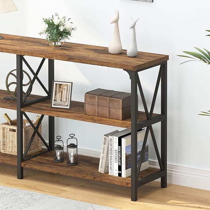 IBF Rustic Console Table, Modern Entryway Table with Storage Shelves, Industrial Metal Wood Sofa Tables Behind Couch, Farmhouse 3 Tier Foyer Hallway Tables for Bedroom, Rustic Brown, 63 in