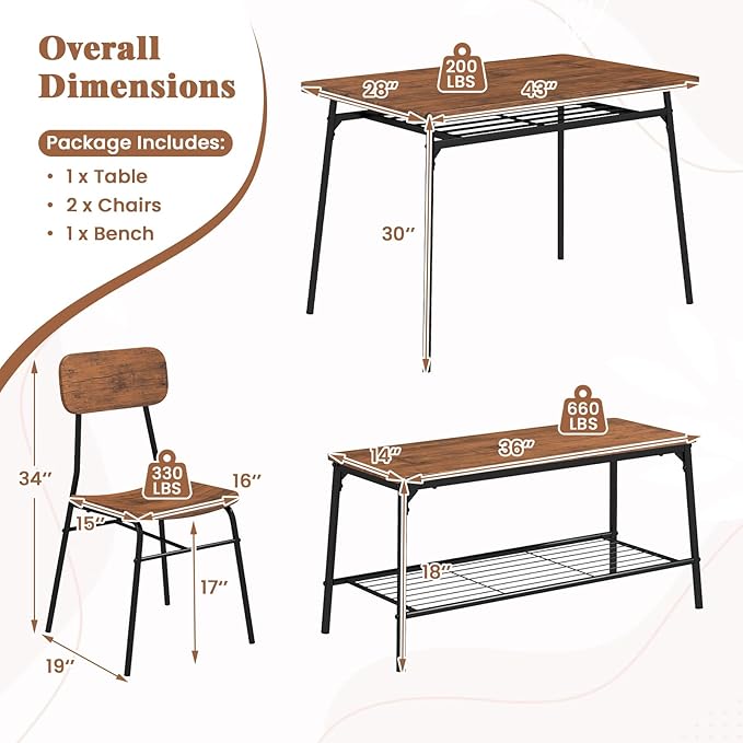 Tangkula Dining Table Set for 4, Square Kitchen Table & Chair Set w/Storage Rack, Metal Frame, Space-Saving Dinette Furniture Set with Bench for Breakfast Nook, Dining Room, Small Places