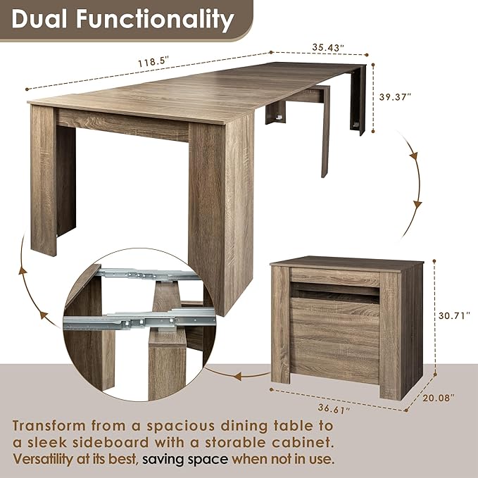 DMAITH 20"-118" Extendable Dining Table for 2-12 People, Modern Modular Extension Table, Space-Saving Extra Long Folding Dining Table, Multifunctional Conference Meeting Table, Oak