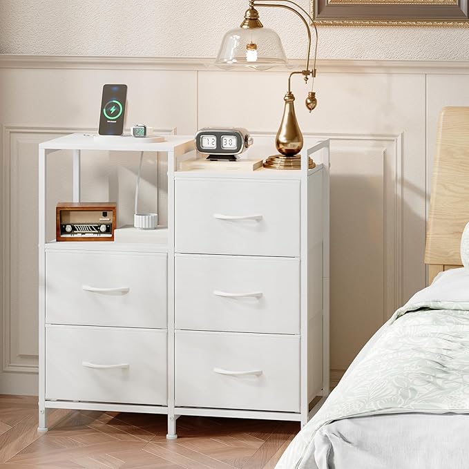 Somdot White Nightstand with Charging Station and LED Light, Wide 5 Drawers Dresser for Bedroom with Fabric Bins and Open Shelf for Bedroom Kids Closet Dorm Guest Room, White Leather