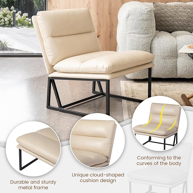 Glitzhome Mid Century Modern Accent Chair, Beige Thick Leatherette With Metal Frame, Side Chair With Backrest, Upholstered Leisure for Living Room, Bedroom, Office, 1PC