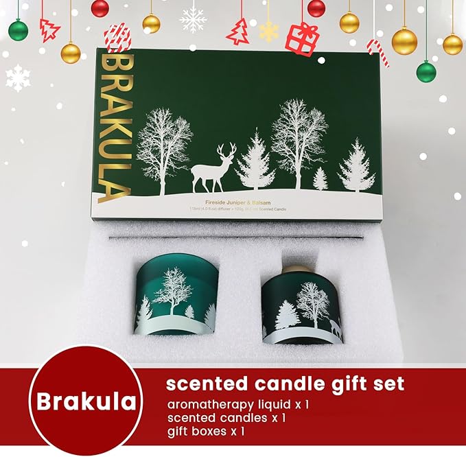 Brakula Christmas Reed Diffuser and Candles Set, 2 Pack/Total 8 oz, Fireside Juniper & Balsam Scented, 6 Diffuser Sticks with Christmas Bottle Design, Home Decor Bedroom Living Room Office