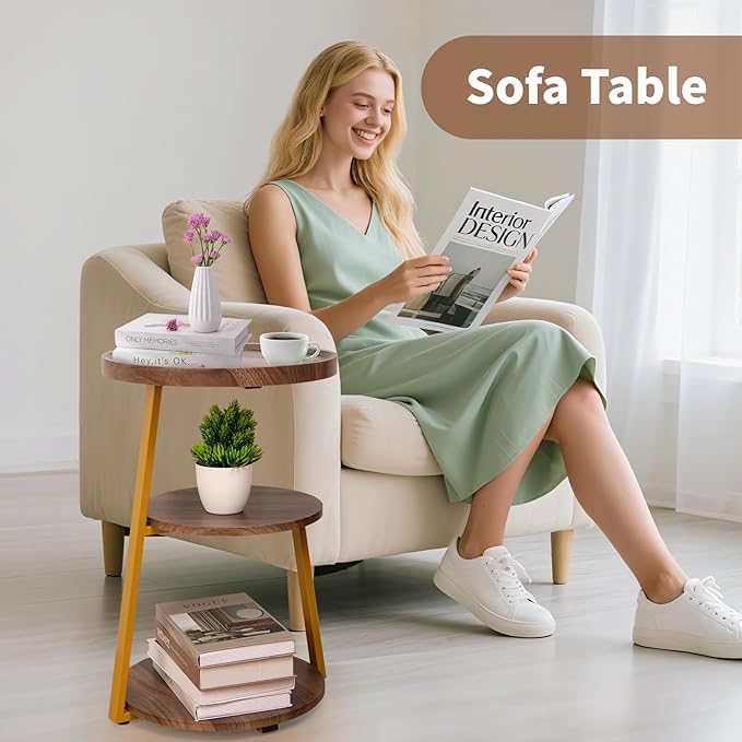 Small Round Side Table, 3-Tier End Table for Living Room, Wooden Nightstand Bedside Tables with Storage Shelf, Circle Accent Table for Bedroom, Office, Apartment (Walnut, Golden Frame)