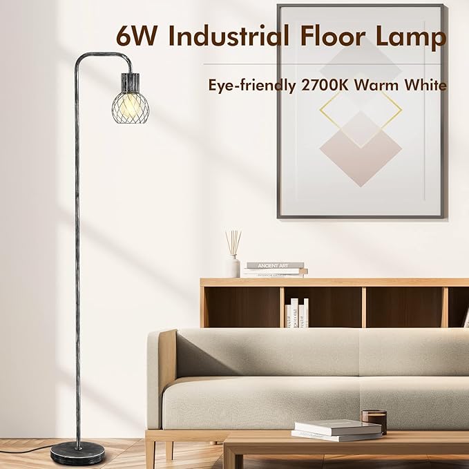 Industrial Floor Lamp, Antique Silver Standing Lamp Modern with 6W LED Bulb, Foot Switch, Metal Tall Lamps for Living Room, Bedroom, Office, Den, Vintage Stand Up Lamp, Minimalist Farmhouse Floor Lamp
