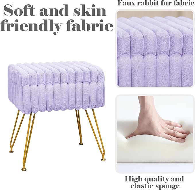 Faux Fur Vanity Stool Chair with Storage Ottoman, Vanity Chair for Makeup Room, Vanity Stools for Bedroom, Footrest with Metal Legs and as a Coffee Table, Purple