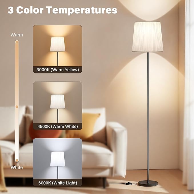 Floor Lamp with Pleated Shade - 3 Color Temps LED Standing Lamp with Foot Switch, 9W E26 Bulb Included, 62" Floor Reading Light for Living Room Bedroom Office Corner Dorm Kids, Black