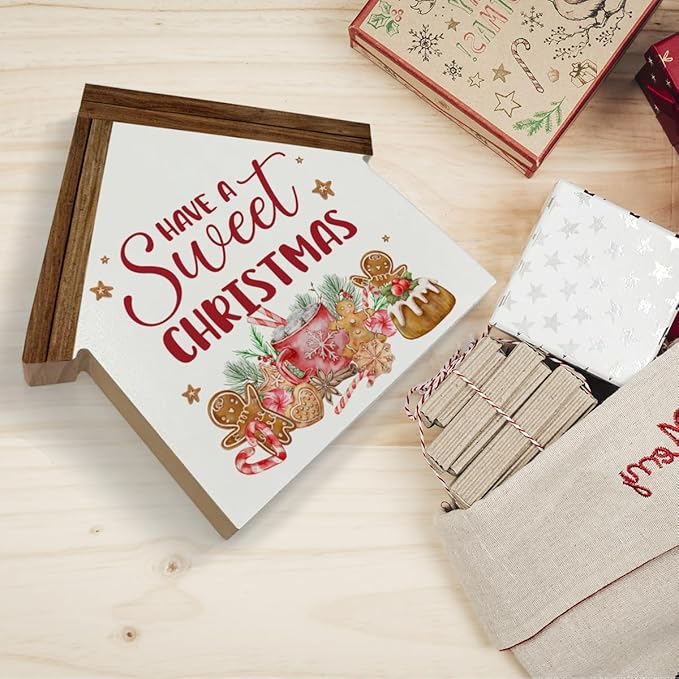 Christmas Kitchen Decor, Have a Sweet Christmas House Shaped Wood Block Sign Gingerbread Hot Cocoa Decor Xmas Holiday Kitchen Hot Cocoa Bar Decorations for Desk Table Shelf