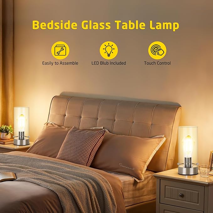 Table Lamp for Bedroom, Bedside Modern Nightstand Lamp with Glass Lamp Shape, 2700K 6W Glass Bulb Included(Chrome).