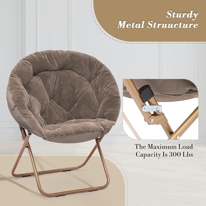 Athena Collection Saucer Chair with Ottoman Comfy Chair for Bed Room Living Room Folding Round Cozy Chair Faux Fur Metal Frame Foldable Lazy Chair Accent Chair Reading Chair, Brown