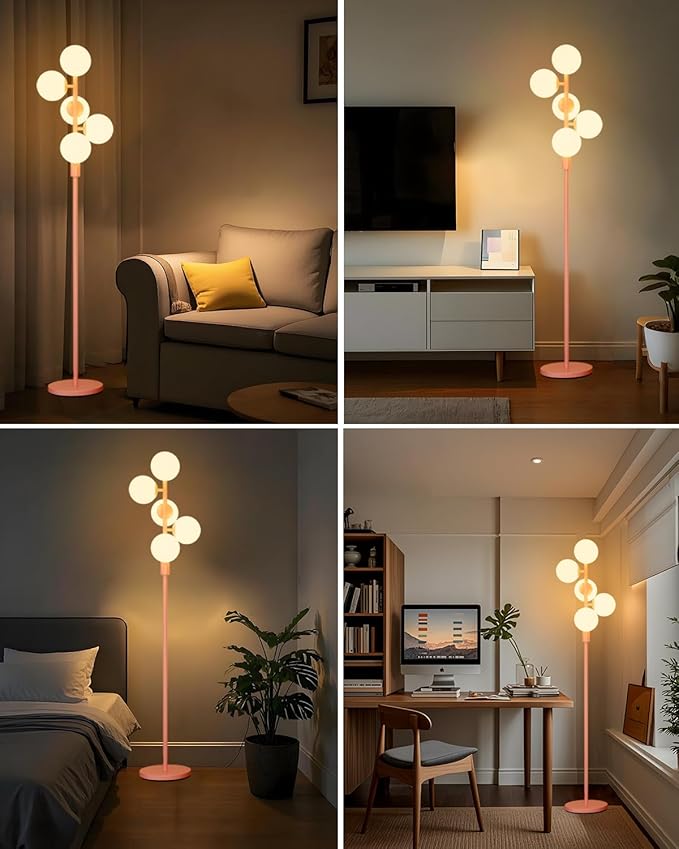 Lightdot Pink Floor Lamp Dimmable (Brightness Adjustable) Globe Retro Standing Lamps with 5PCS 3000K G9 Bulbs, Mid Century Modern Floor Lamp for Living Room Bedroom Home Office