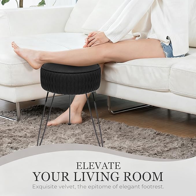 Velvet Vanity Stool Footrests, Round Ottoman Vanity Chairs with Anti-Slip Feet, Dressing Table Seat Foot Stool with Black Legs, Furry Padded Seat Side Table for Makeup Bedroom, Black