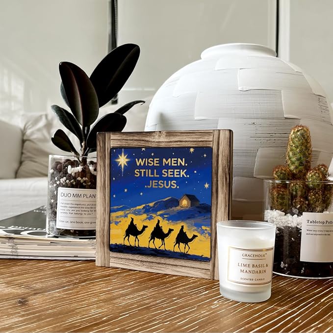 Christmas Desk Signs, Wise Men Still Seek Jesus Sign, Religious Artwork for Home Office Decoration, Decorative Wooden Table Sign, Camel Decor, Farmhouse Wood Decoration, Christian Shelves Decor