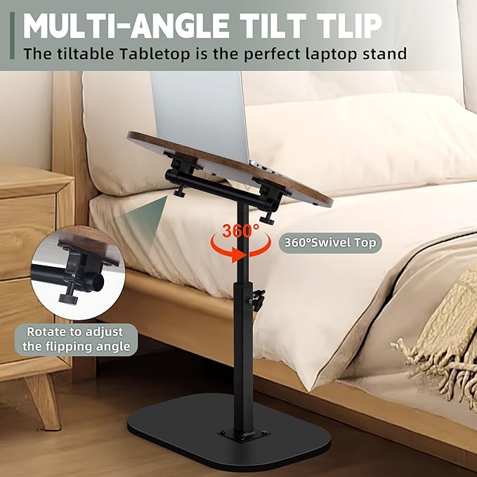 Aoligrace Walnut Couch Side Table, Adjustable Height C Table 360° Swivel, Flip Top Small End Tables for Small Spaces Living Room(17.7x11.8 in)