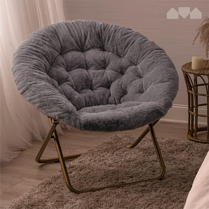 Milliard Saucer Chair For Adults, Teens & Kids, Grey, Faux Fur XL Circle Chair for Bedroom, Dorm & Gaming, Foldable Comfy Accent Seat for Small Spaces, Folding Moon / Mushroom / Round Oversized Style