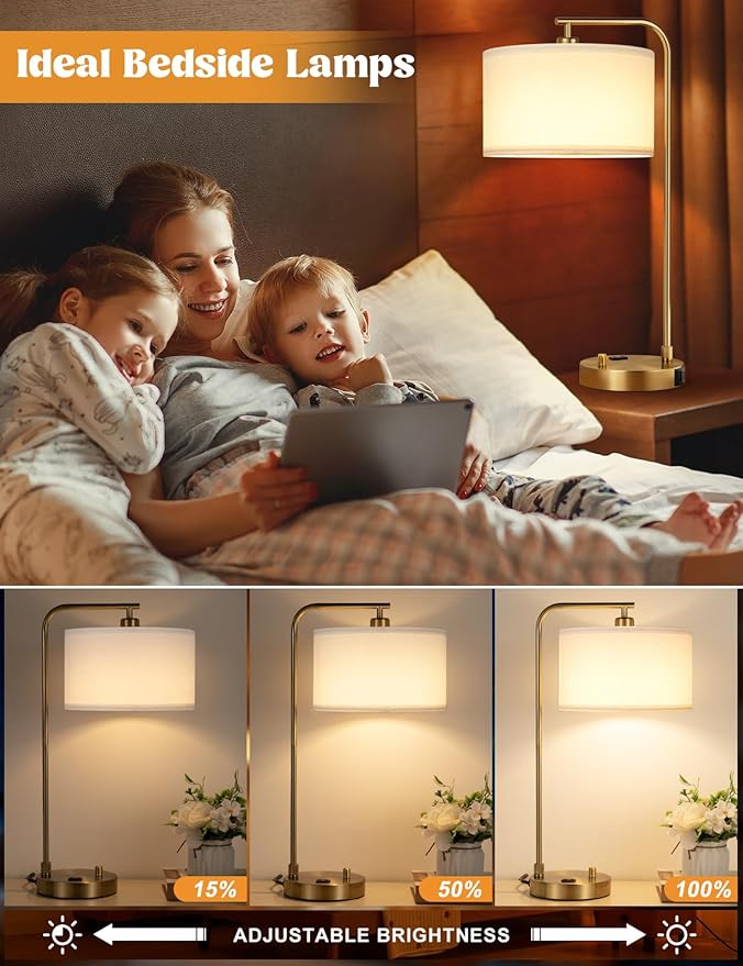 Gold Table Lamp with USB Port and Outlet, Dimmable Nightstand Bedside Lamps with Linen Lampshade, Desk Lamp for Bedroom, Living Room, Guest Room, Home Office, LED Bulb Included