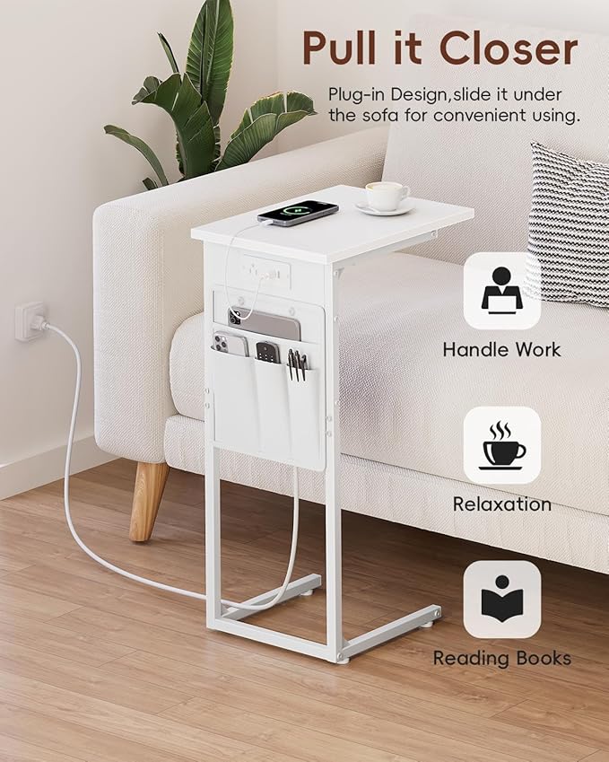 Vagusicc C Shaped End Table with Charging Station, Small Side Table for Couch, Couch Side Tables C Table, Slide Under Sofa Recliner Table TV Tray Arm Tables for Living Room, Bedroom, Bedside, White