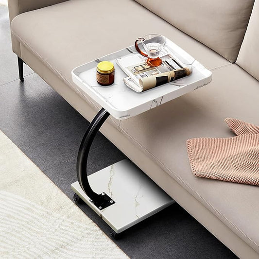 C Table End Table,360°Swivel TV Tray Table for Small Spaces, Couch Tables That Slide Under, C Shaped Side Tables with Wheels for Living Room and Bedroom, Bed,Chair, Snack Table