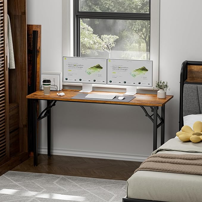 TEMI Long Computer Desk Folding Table - 55.1" Foldable Office Desk, No Assembly, Perfect Writing Table for Bedroom, Dorm, or Apartment, Portable Large Desk or Study Table with Compact Design, Brown