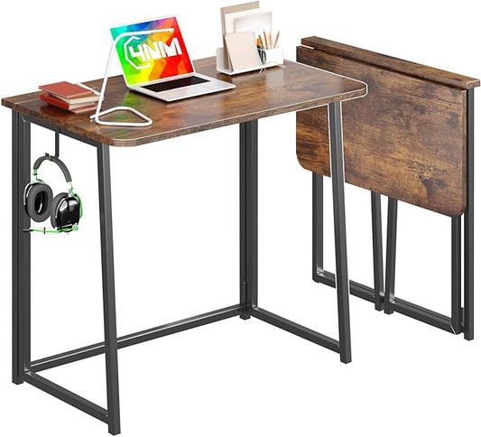 4NM 31.5" Small Folding Desk, Foldable Computer Home Office Desk, Study Writing Table for Small Space Saving Bedroom, Easy Assembly - Rustic Brown and Black