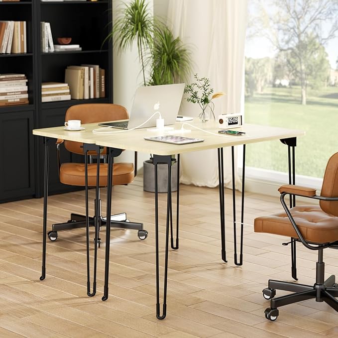 Folding Desk, 31.5" Hairpin Legs Small Desk with Power Strip for Bedroom, Space Saving Foldable Computer Desk for Home Office, No Assembly Need,Beige