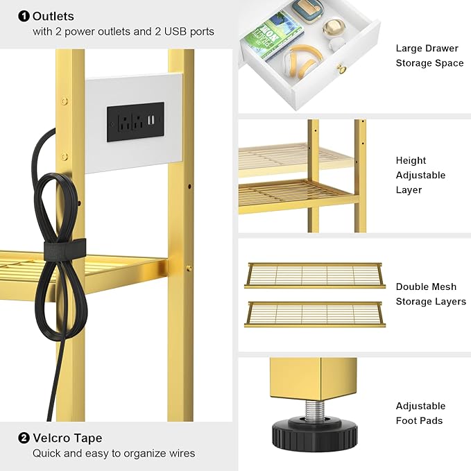 Ecoprsio 47'' Entryway Table with Outlets and USB Ports, Console Table with 3 Drawers, Sofa Table Narrow Long with Storage Shelves for Living Room, Couch, Hallway, Foyer, White and Golden