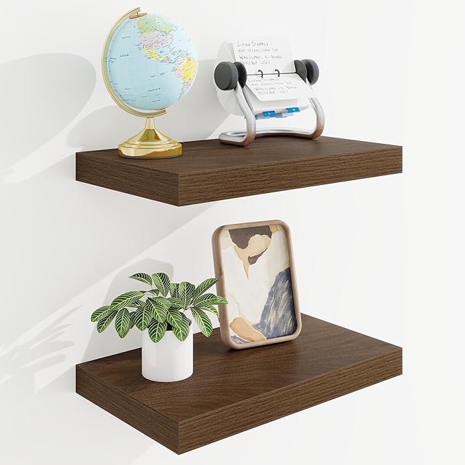 16in Floating Shelves for Wall, 16"W x 9.25"D x 1.25"H, 2 Pack Long Wall Mounted Engineered Wood Shelves with Invisible Brackets for Living Room, Bedroom, Bathroom, Kitchen Decor and Storage, Walnut