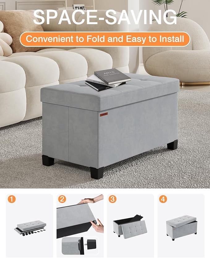 Foldable Storage Ottoman Bench, Velvet Footrest and Seat Cube with Feet, Storage Chest, for Living Room, Bedroom and Office, 15 x 30 x 15.7 Inches, Dove Gray,ASND23G
