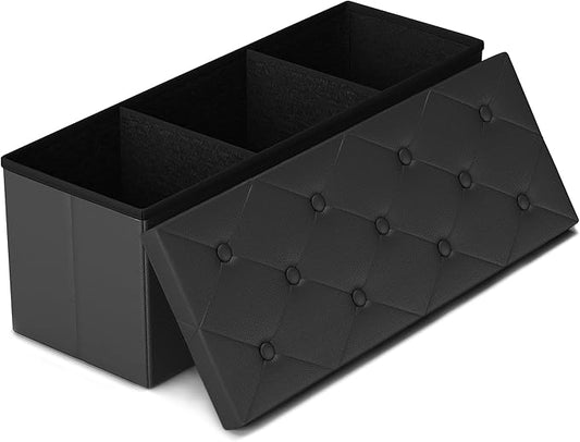 GLAXYFUR Storage Ottoman Bench, 43 Inches Folding Ottoman with 2 Dividers, PU Leather Foot Rest, End of Bed Bench, Storage Chest for Living Room, Bedroom and Entryway, Black