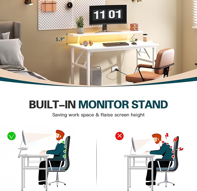 DlandHome Computer Desk 39’’ with LED Lights & Power Outlets,Folding Desk with Monitor Stand, Writing Desk Home Office Desk, Fully Assembled,White
