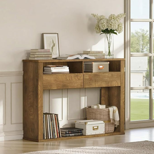 45 Inch Farmhouse Console Table, Entryway Table with Storage Shelves, 3-Tier Fluted Couch Tables Behind Sofa, for Hallway, Foyer, Living Room, Natural Oak