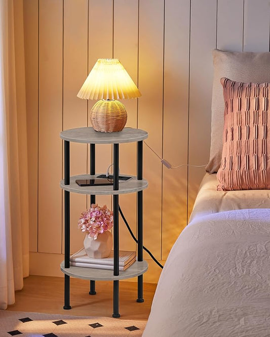 Small Round Side Table with Charging Station, Round End Accent Table, 3-Tier Sofa Side Table for Small Spaces, Nightstand for Living Room, Bedroom, Greige and Black TBZ06UFH