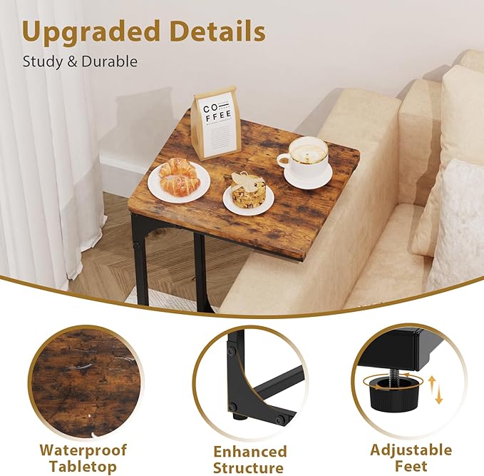 Narrow C Shaped End Tables Living Room TV Trays Set of 2, Small Thin Farmhouse Side Table Skinny Slide Under Couch Tray Tables for Sofa Bedroom Small Space 11.8 inch Width, Rustic Brown