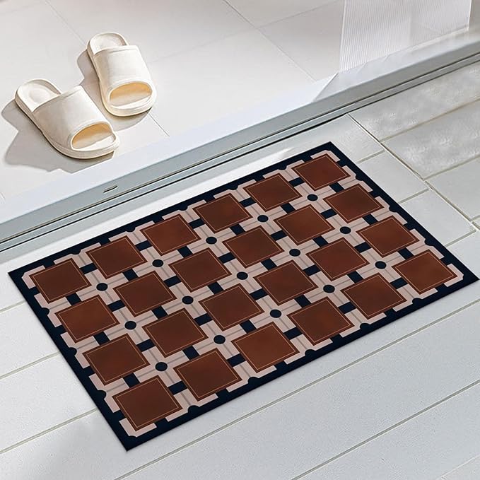 Ultra Thin Door Mat Indoor Entrance, 1/10 in Thin Door Mats for Inside Entry, Non-Slip Rubber Backing Washable Doormat, Fade Resistant, Absorbent, Low Profile Dirt Trapper, 30"X17",Brown Checkered