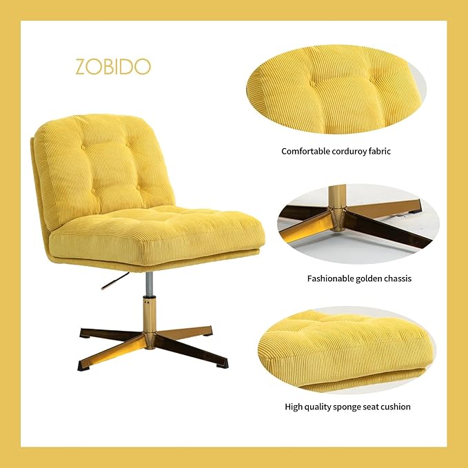ZOBIDO Modern Accent Corduroy Chairs Comfy Upholstered Vanity Chairs for Bedroom Armchair Dining Chairs with Golden Metal Legs Desk Chair for Living Room(Yellow