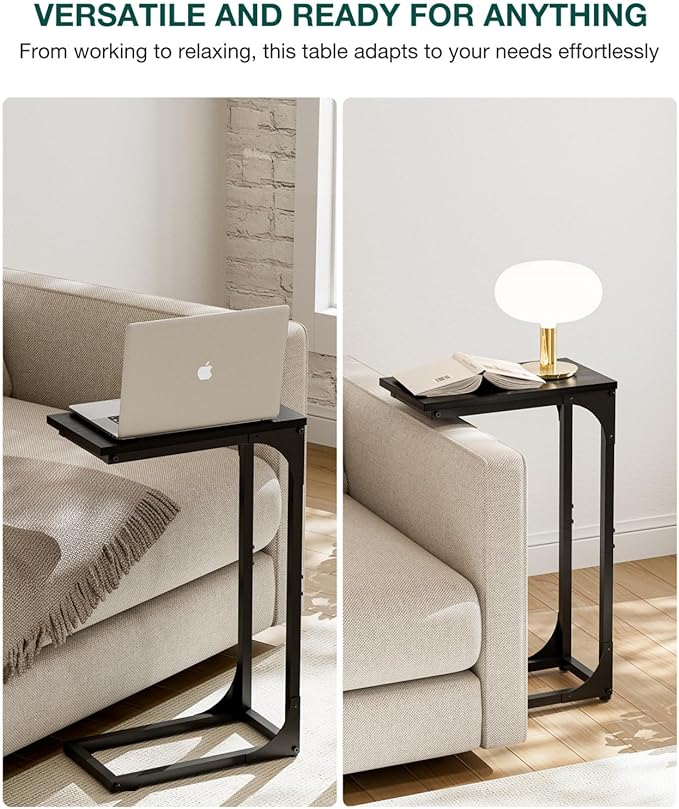 C-Shaped Side Table for Couch - Small Coffee Stand Sofa Tray Desk with Sturdy Metal Frame and Waterproof Scratch Resistant Wood Surface, Modern End Accent for Living Room, Bedroom, Black