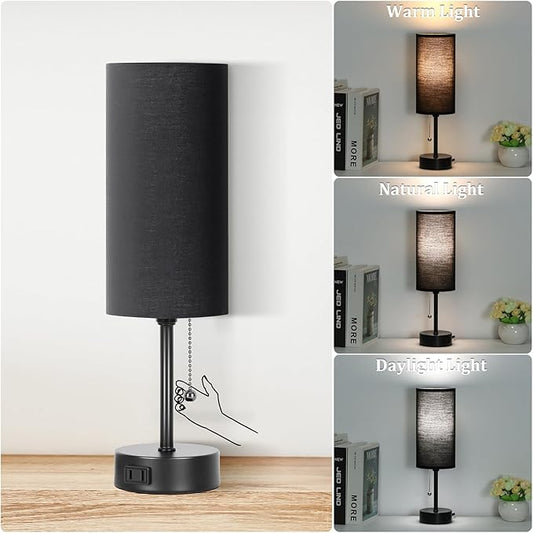 Dott Arts Table Lamp for Bedroom, 3-Color Bedside Lamps with Pull Chain, Bedroom Table Lamps for Nightstand,AC Outlet Small Lamp for Living Room, Bulb Included Black