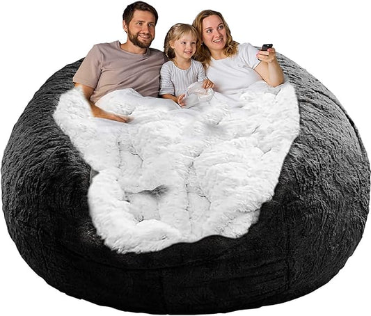 (No Filler Bean Bag Chair Cover Without Filler,Big Round Soft Fluffy PV Velvet Washable Bean Bag Lazy Sofa Bed Cover for Adults,Living Room Bedroom Furniture Outside,6ft Black
