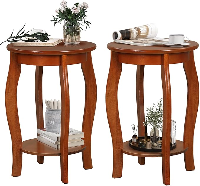 GOFLAME 2-Tier Round End Table Set of 2, Mid-Century Modern Sofa Side Table with Storage Shelf, Solid Wood Legs, Compact Accent Table, Nightstand for Living Room, Bedroom, Small Space, Walnut