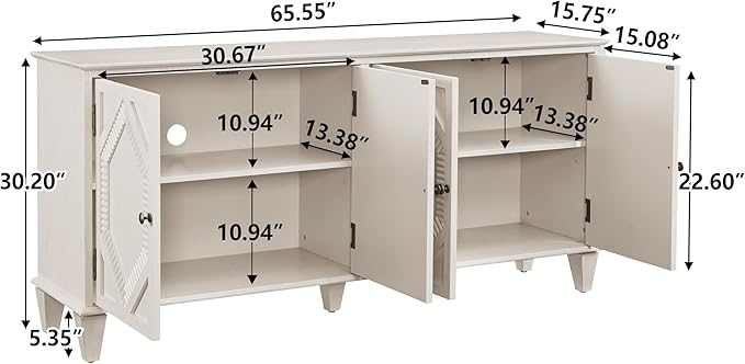 65.2" Mid Century Modern Sideboard Buffet Cabinet with Storage,Symmetrical Geometric Accent Coffee Bar Wine Bar Storage Cabinet,Large Console Table for Living Room/Entryway/Kitchen,Antique White