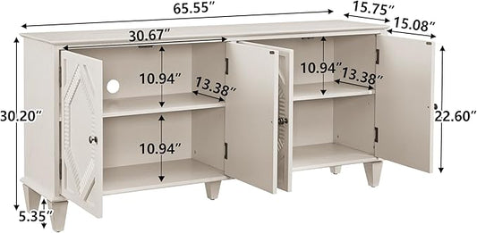 65.2" Mid Century Modern Sideboard Buffet Cabinet with Storage,Symmetrical Geometric Accent Coffee Bar Wine Bar Storage Cabinet,Large Console Table for Living Room/Entryway/Kitchen,Antique White