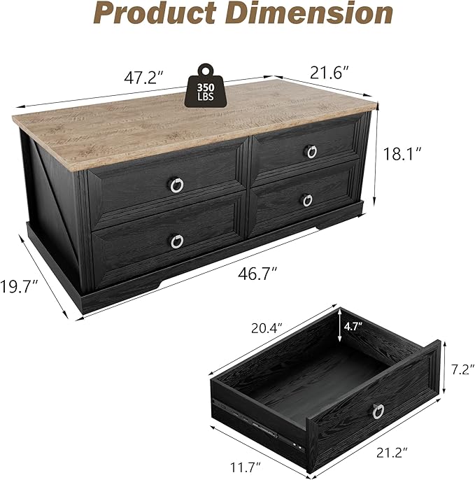 Rustic Coffee Table with Drawers 47 inch Living Room Tables with Storage, Wooden Center Table for Reading Playing Room Home Accent Table for Dining Room Apartment, Dark Oak Black
