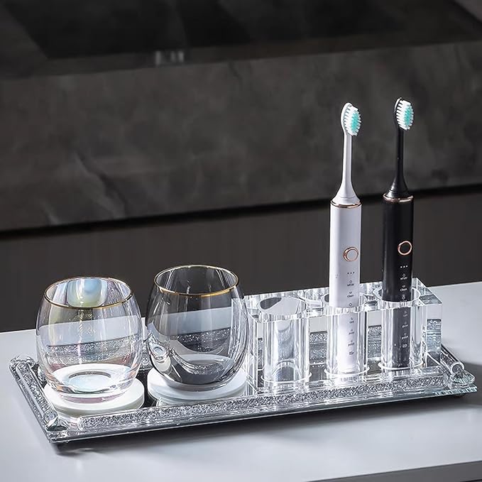 Mirror Perfume Tray for Dresser,Crushed Diamond Filled Glass Vanity Tray, Silver Decorative Bathroom Tray,Crystal Tray for Home Decorative,Party,Hotel Banquet,15.4x7.5x1inch