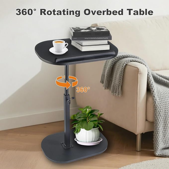 Side Table TV Tray for Couch,90° Tiltable TV Tray Table Height Adjustable 360° Swivel C Shaped End Table for Small Spaces,Bedside Bathroom Living Room(Walnut Color) (Tiltable Black)