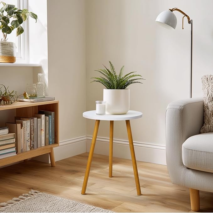 Tall Plant Stand Indoor, Mid Century Wood White Flower Stand for Corner, Metal Plant Holder, Modern Home Decor Small Round Side End Table (11.8"x20")