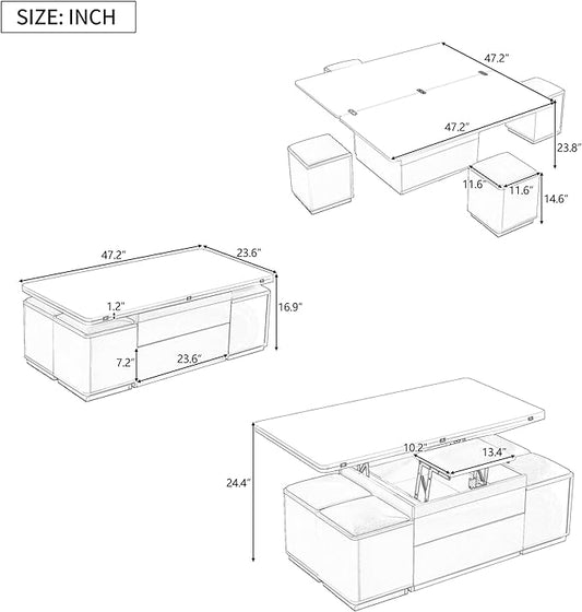 47.2'' Lift Top Coffee Table with 4 Storage Stools and Foldable Top, Modern Rectangular Multi-Functional Adjustable Dining Table Task Table with Hidden Compartment for Living Room, Black