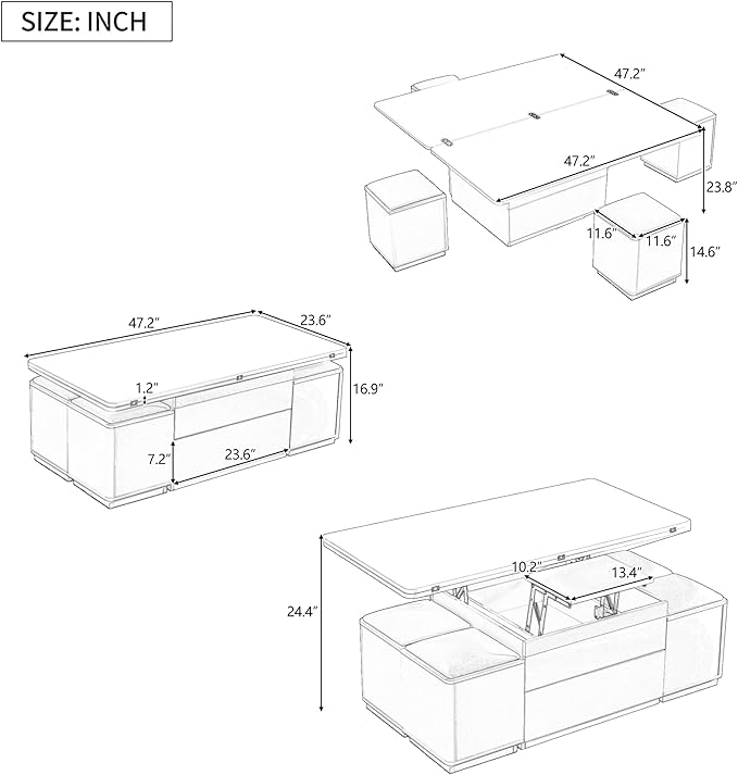 Lift Top Coffee Table with 4 Storage Stools and Foldable Top, Modern 47.2'' Rectangular Multi-Functional Adjustable Dining Table Task Table with Hidden Compartment for Living Room, White