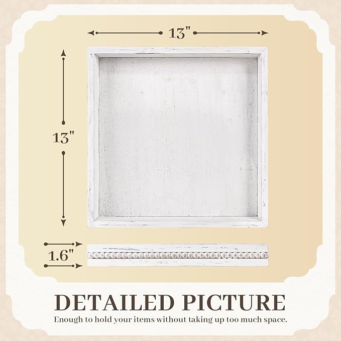 Wooden Decorative Tray, Small Serving Tray with Wood Bead, Farmhouse Big Tray for Ottoman, Countertop, Coffee Tabl, 13" x 13"x 1.6" (Retro White)