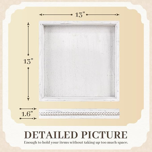 Wooden Decorative Tray, Small Serving Tray with Wood Bead, Farmhouse Big Tray for Ottoman, Countertop, Coffee Tabl, 13" x 13"x 1.6" (Retro White)