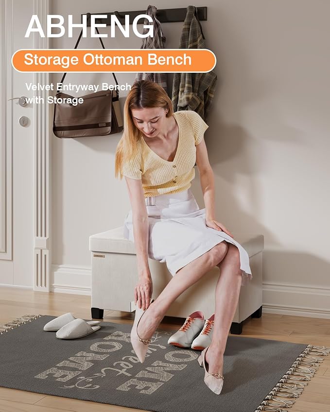 Foldable Storage Ottoman Bench, Velvet Footrest and Seat Cube with Feet, Storage Chest, for Living Room, Bedroom and Office, 15 x 30 x 15.7 Inches, Cream White,ASND23W